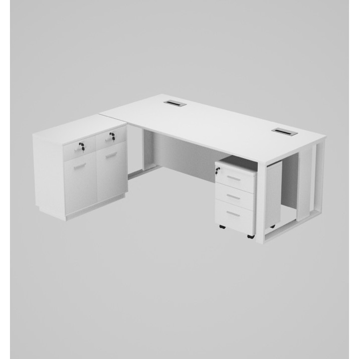 Office Table - Model - MTL-140LP-WT - Size 140x70cm + 80x40cm  + Pedestal Drawer